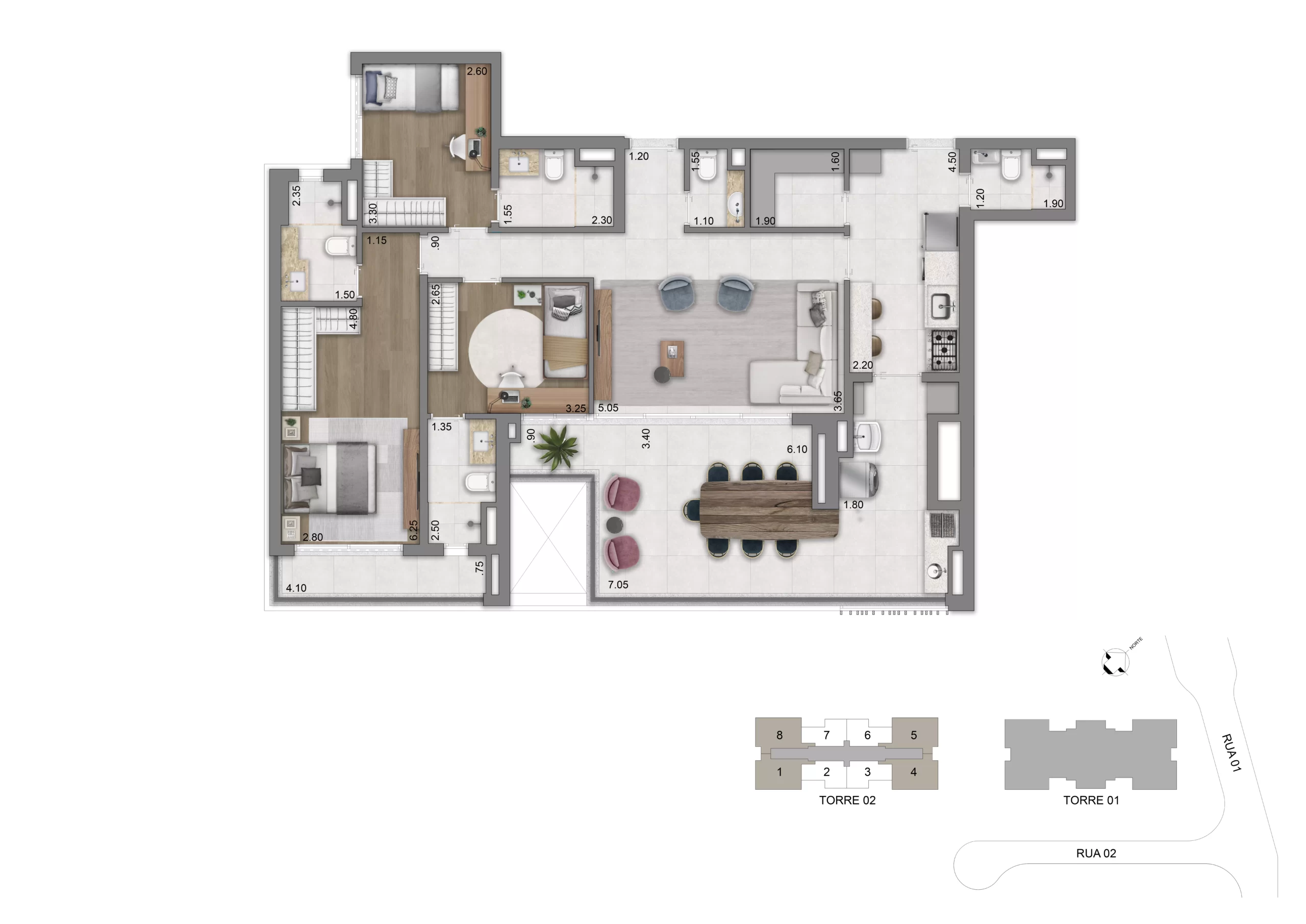 Planta 138 m² Garden — 3 Suítes (Torre 2)