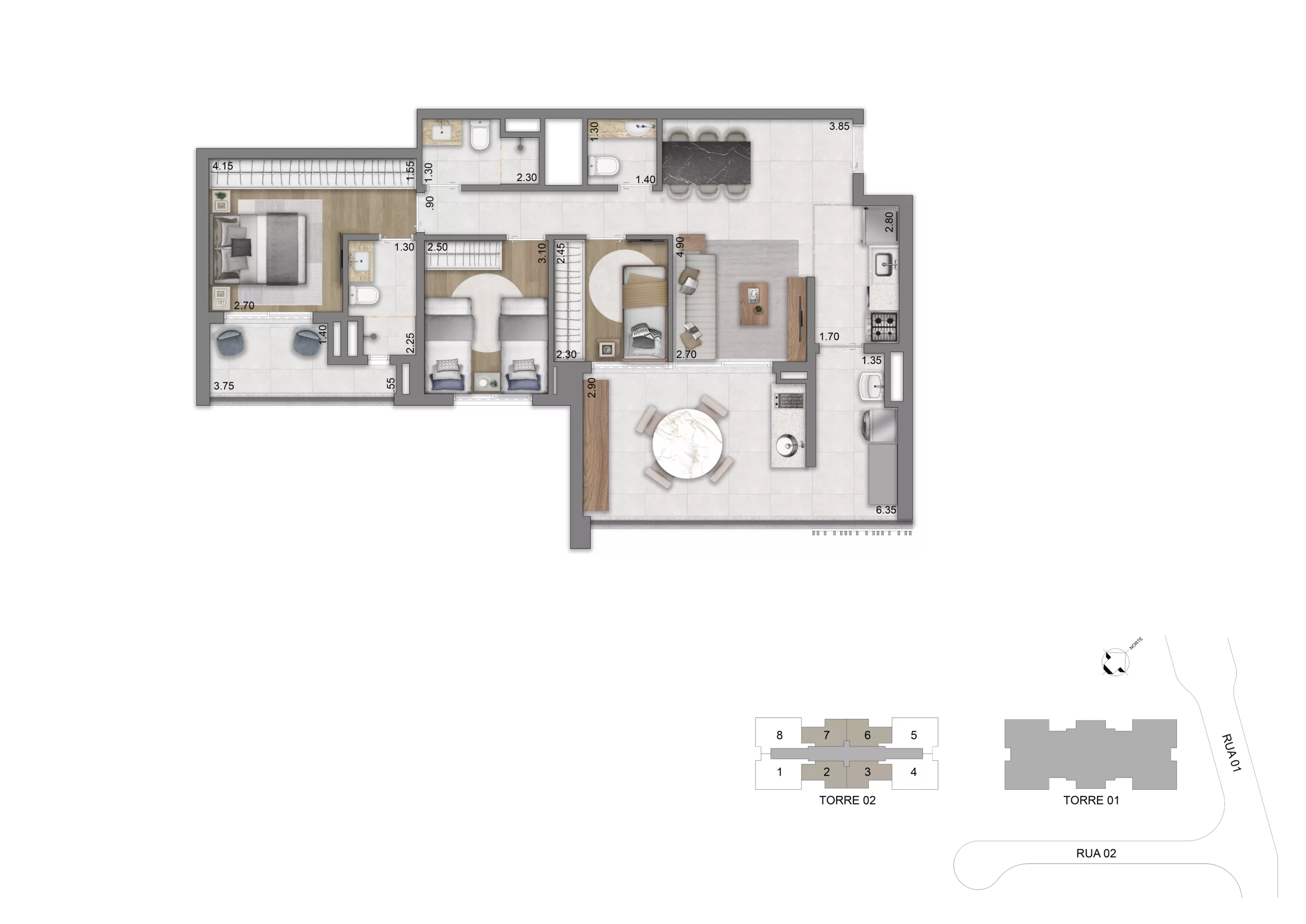 Planta 123 m² — 3 Suítes (Torre 1)